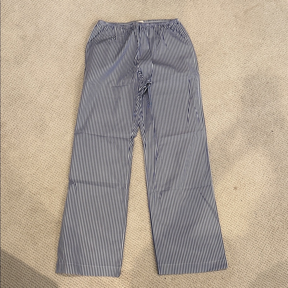 DONNI. Blue and White Vertical Stripe Wide-Leg Pants